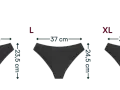 Majtki menstruacyjne hi-cut. Rozmiar M ma szerokość 34,5 cm, a długość 23,5 cm. Tolerancja wymiarów to ± 1 cm.