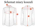 Schemat miary koszuli męskiej. Wymiary: a - długość, b - kołnierzyk, c - klatka piersiowa, d - długość całkowita, e - szerokość ramion. Rozmiar 58 męski.