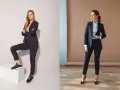 Dwie kobiety w eleganckich garniturach. Jedna w sportowych butach, druga w szpilkach. Jakie buty do garnituru damskiego zimą?