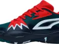 But sportowy Puma w kolorach granatowym, zielonym i czerwonym z białym logo.