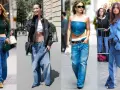 Cztery dziewczyny w stylu downtown girl prezentują szerokie jeansy i krótkie topy.