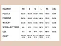 Tabela rozmiarów od XS do XXL, porównująca wymiary polskie, francuskie, włoskie, brytyjskie, USA i chińskie.