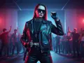 Skórzana ramoneska, okulary i rękawiczki to idealny outfit, jak się ubrać na imprezę techno. Tłum na tle neonów.