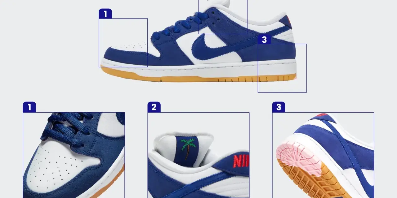 Szukasz informacji, jak sprawdzić numer katalogowy Nike? Zobacz zbliżenia na buty: przód (1), język z palmą (2) i podeszwę (3).