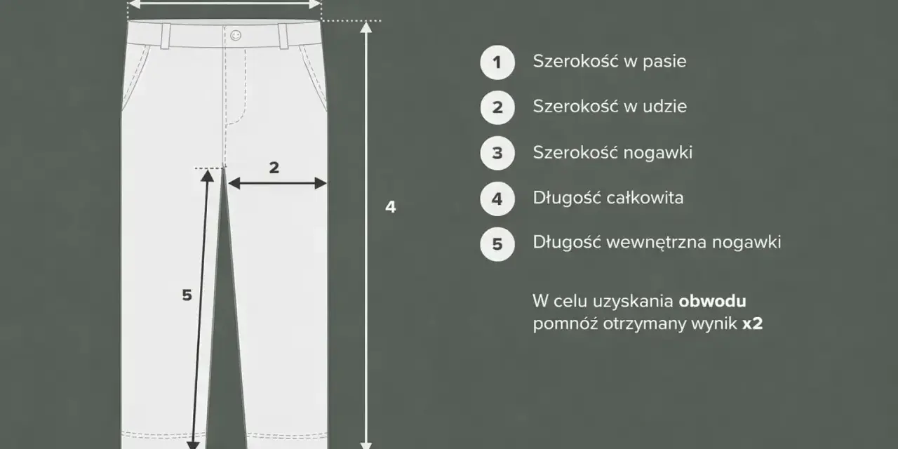 Tabela rozmiarów spodni: 1-pas, 2-udo, 3-nogawka, 4-długość całkowita, 5-długość wewnętrzna. 100 cm w biodrach jaki to rozmiar? Sprawdź wymiary.