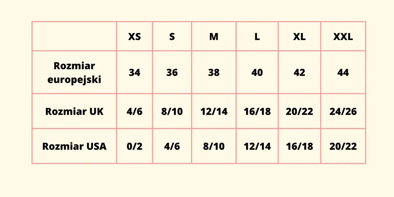 Tabela rozmiarów odzieży: rozmiar europejski (34-44), UK (4/6-24/26) i USA (0/2-20/22).