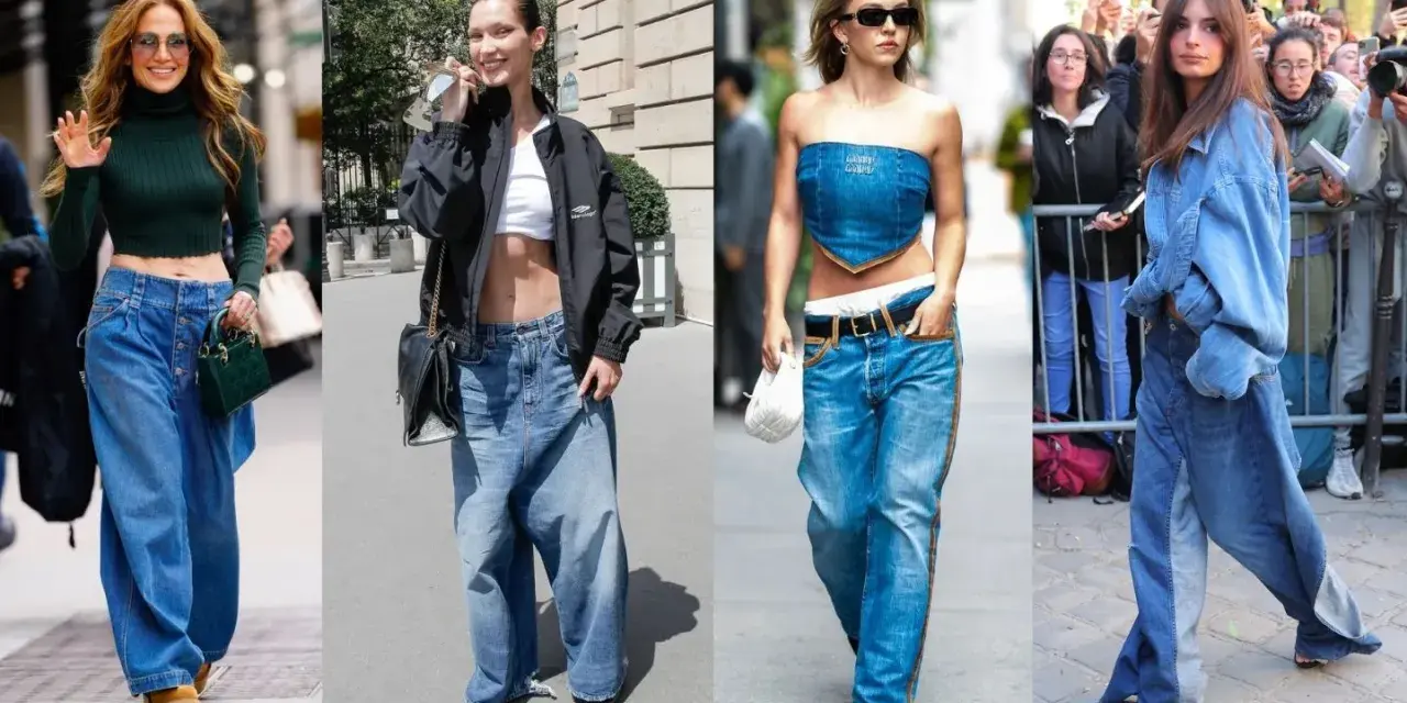 Cztery dziewczyny w stylu downtown girl prezentują szerokie jeansy i krótkie topy.