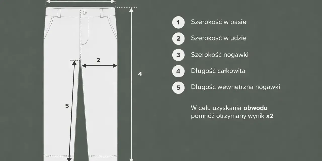 Tabela rozmiarów spodni: szerokość w pasie (1), w udzie (2), nogawki (3), długość całkowita (4), wewnętrzna nogawki (5). Rozmiar 33 ile to cm? Sprawdź wymiary.