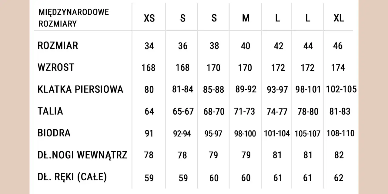 Tabela rozmiarów od XS do XL. Sprawdź, jaki to rozmiar, porównując swój wzrost, obwód klatki, talii, bioder i długość ręki.
