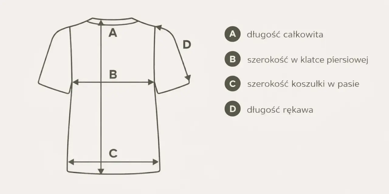 Schemat koszulki z wymiarami: A - długość całkowita, B - szerokość w klatce, C - szerokość w pasie, D - długość rękawa. Pomoc w wyborze odpowiedniego rozmiaru polskiego.