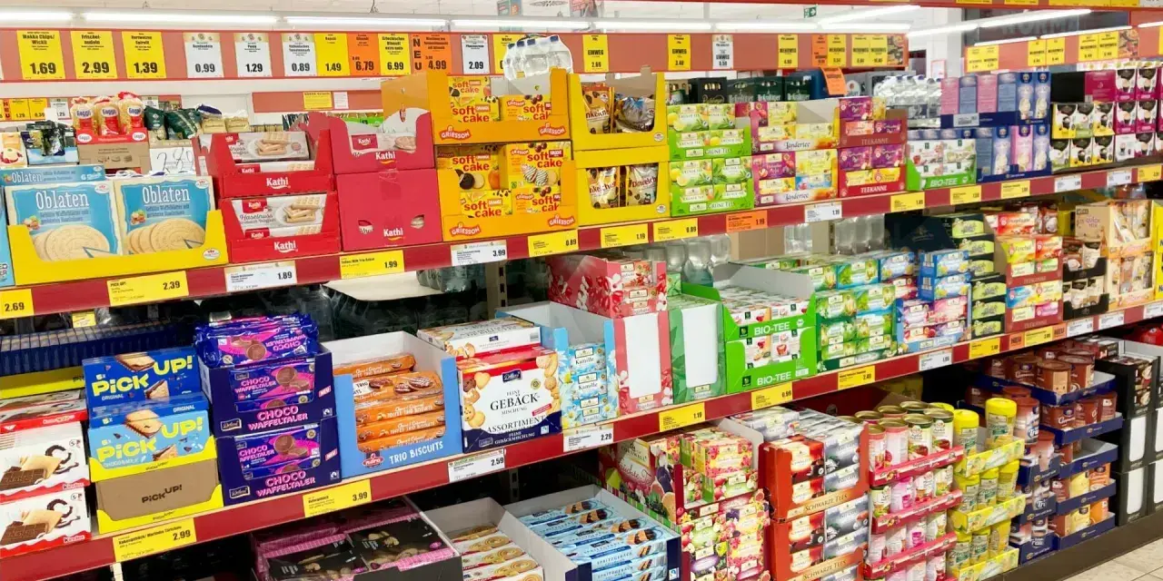Półki sklepowe uginają się od słodkości, ciastek i herbat. Widać tu wiele produktów marki newcential, w tym ciastka, wafle i herbaty w atrakcyjnych cenach.