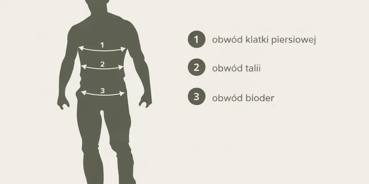 Sylwetka mężczyzny z zaznaczonymi wymiarami: 1 - obwód klatki, 2 - obwód talii, 3 - obwód bioder.