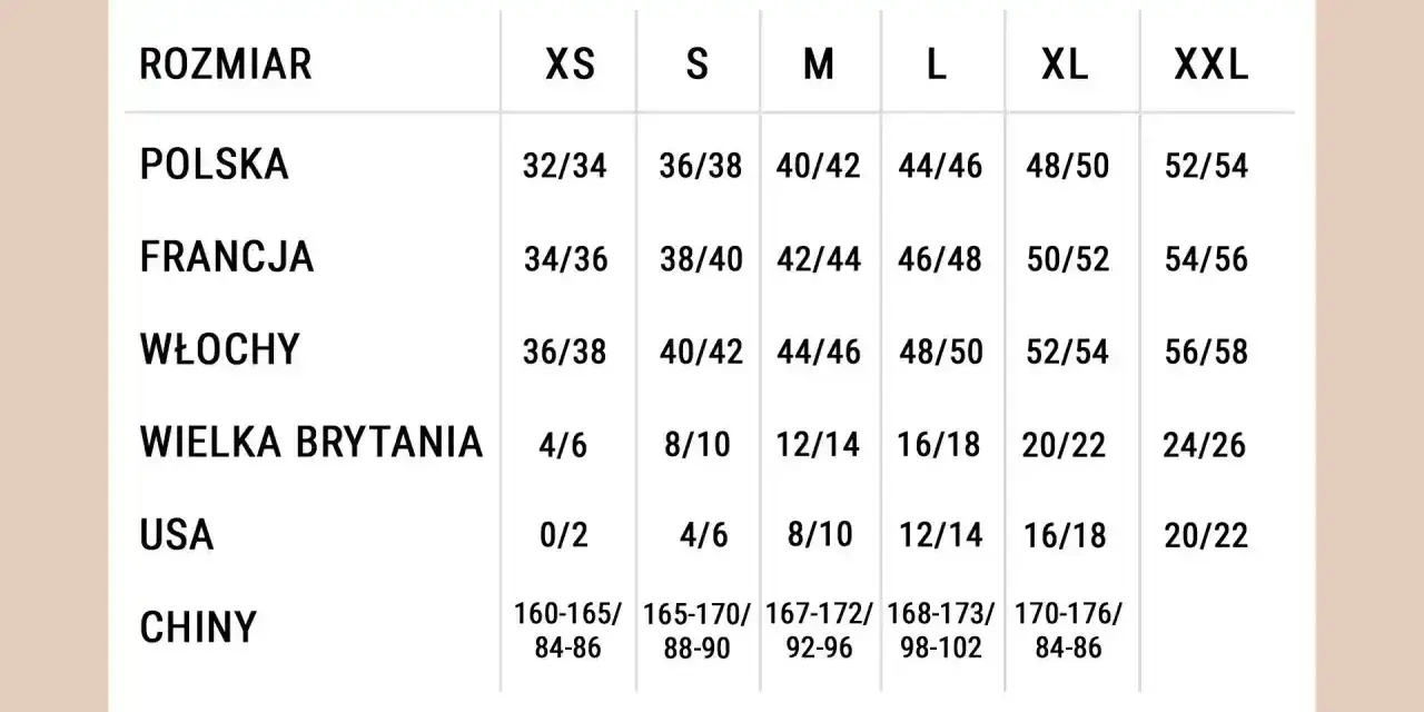 Tabela rozmiarów od XS do XXL, porównująca wymiary polskie, francuskie, włoskie, brytyjskie, USA i chińskie.