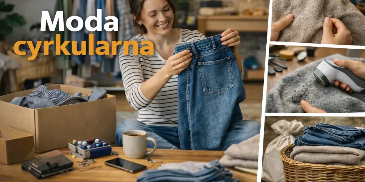 Kobieta z uśmiechem przegląda ubrania, pokazując, że moda cyrkularna to nowy trend. Widać też odświeżanie swetrów i kosz z ubraniami.