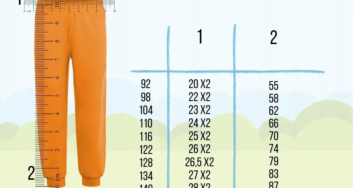 Pomarańczowe spodnie obok miarki. Tabela rozmiarów: 164 jaki to rozmiar? Kolumna 1: 92-140, Kolumna 2: 20-28x2, Kolumna 3: 55-87.