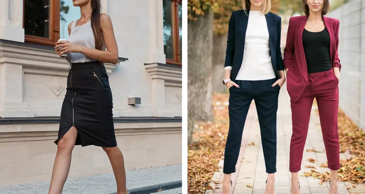 Eleganckie stylizacje dla kobiet: jak się ubrać na imprezę firmową. Spódnica ołówkowa i garnitury w ciemnych kolorach.