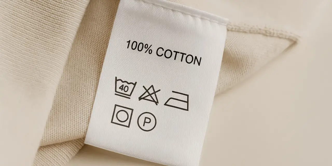 Metka odzieżowa z napisem "100% COTTON" i symbolami pielęgnacji.