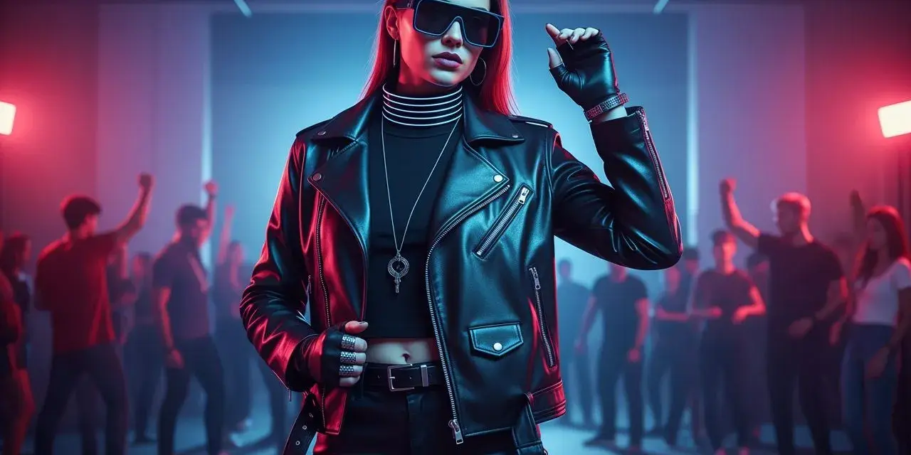 Skórzana ramoneska, okulary i rękawiczki to idealny outfit, jak się ubrać na imprezę techno. Tłum na tle neonów.