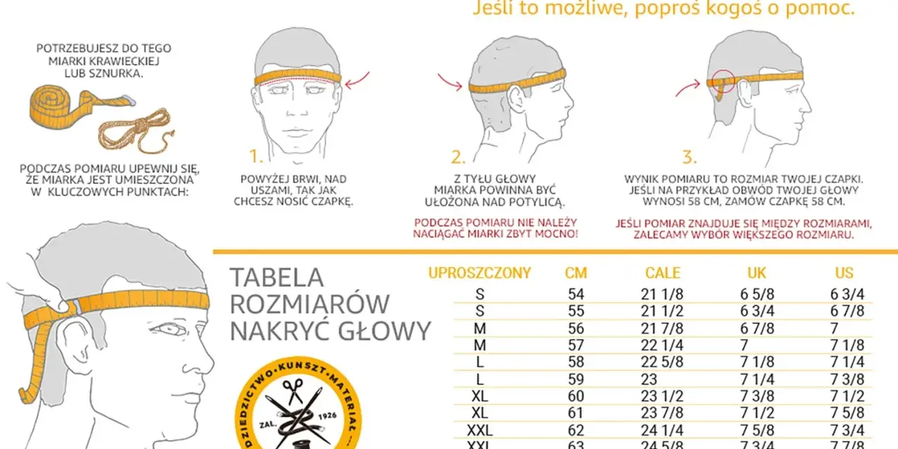 Instrukcja jak zmierzyć obwód głowy. Użyj miarki krawieckiej lub sznurka, umieszczając ją nad brwiami i uszami. Tabela rozmiarów pomoże dobrać czapkę.