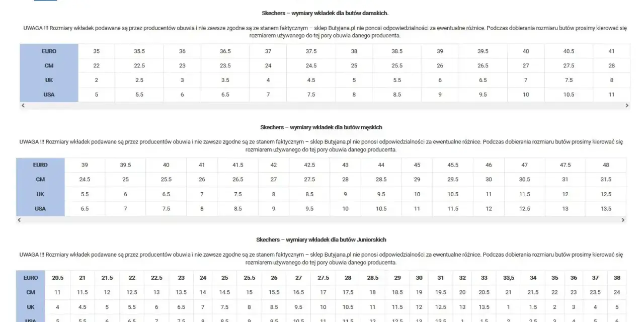 Tabela rozmiarów Skechers. 14,5 cm to rozmiar juniorski 25,5 EUR, 8 UK lub 8,5 USA.