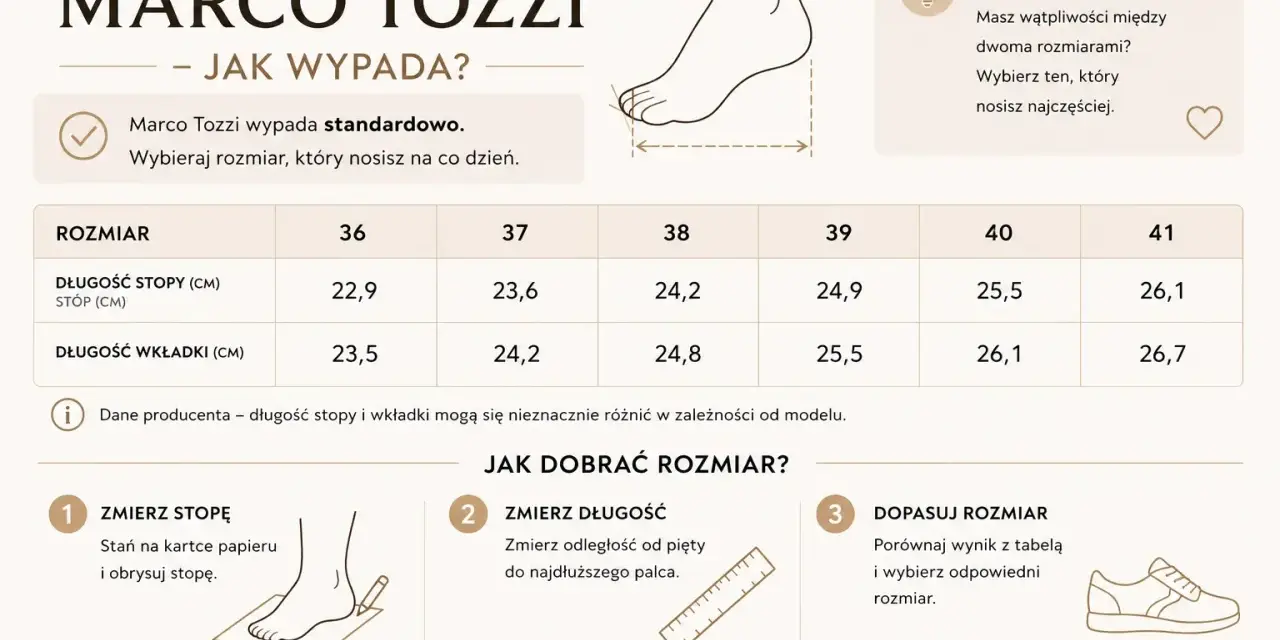 Tabela rozmiarów Marco Tozzi: 25,5 cm to rozmiar 40 damski. Sprawdź długość stopy i wkładki.