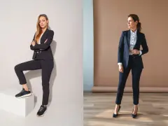 Dwie kobiety w eleganckich garniturach. Jedna w sportowych butach, druga w szpilkach. Jakie buty do garnituru damskiego zimą?