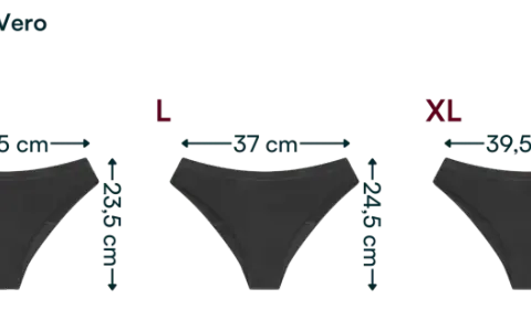 Majtki menstruacyjne hi-cut. Rozmiar M ma szerokość 34,5 cm, a długość 23,5 cm. Tolerancja wymiarów to ± 1 cm.