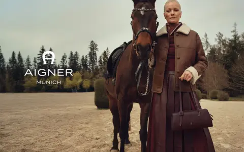 Elegancka kobieta w brązowej kurtce i spódnicy obok konia. Logo AIGNER MUNICH. Aigner co to za marka? Luksusowa moda.