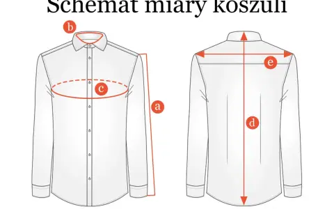 Schemat miary koszuli męskiej. Wymiary: a - długość, b - kołnierzyk, c - klatka piersiowa, d - długość całkowita, e - szerokość ramion. Rozmiar 58 męski.