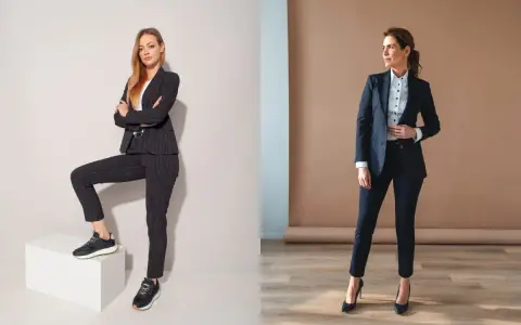 Dwie kobiety w eleganckich garniturach. Jedna w sportowych butach, druga w szpilkach. Jakie buty do garnituru damskiego zimą?