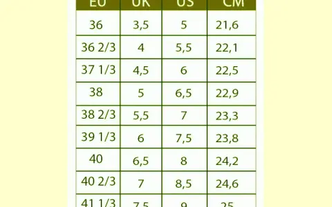 Tabela rozmiarów obuwia: 8,5 US to 40 2/3 EU i 24,6 cm.
