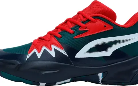 But sportowy Puma w kolorach granatowym, zielonym i czerwonym z białym logo.