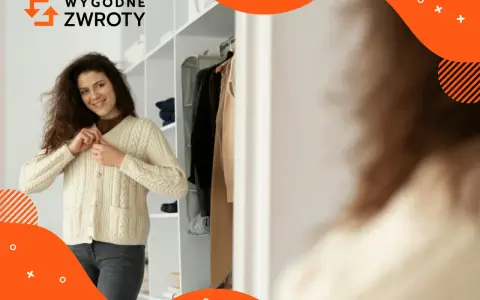Kobieta w swetrze przed szafą. Logo "Wygodne Zwroty" sugeruje, że to firma oferująca łatwe zwroty zakupów.