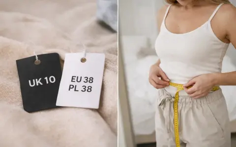 Metka z rozmiarem UK 10 obok metki EU 38/PL 38. Kobieta mierzy talię centymetrem.