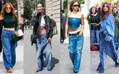 Cztery dziewczyny w stylu downtown girl prezentują szerokie jeansy i krótkie topy.