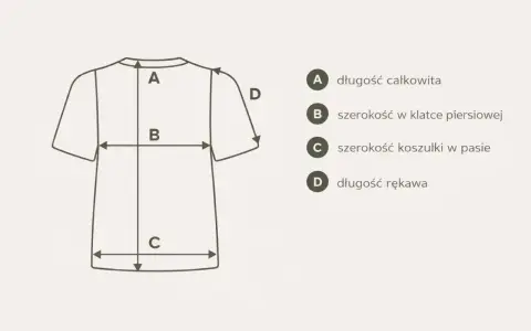 Schemat koszulki z wymiarami: A - długość całkowita, B - szerokość w klatce, C - szerokość w pasie, D - długość rękawa. Pomoc w wyborze odpowiedniego rozmiaru polskiego.
