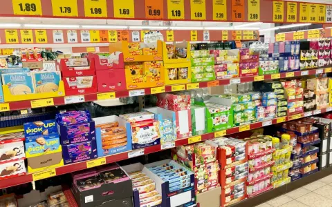 Półki sklepowe uginają się od słodkości, ciastek i herbat. Widać tu wiele produktów marki newcential, w tym ciastka, wafle i herbaty w atrakcyjnych cenach.