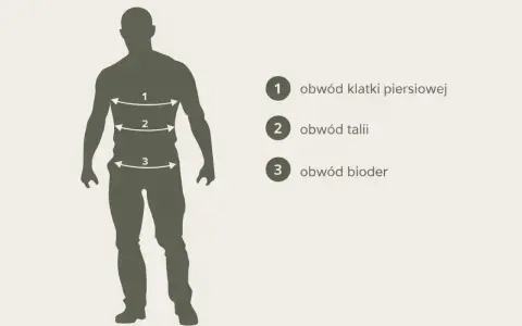 Sylwetka mężczyzny z zaznaczonymi wymiarami: 1 - obwód klatki, 2 - obwód talii, 3 - obwód bioder.