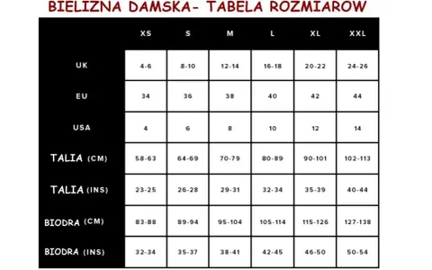 Tabela rozmiarów bielizny damskiej. Rozmiar XXL odpowiada EU 44, UK 24-26, USA 14, talii 102-113 cm, biodrom 127-138 cm.