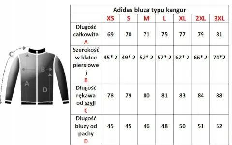Tabela rozmiarów męskiej bluzy Adidas typu kangur. Rozmiar L ma wymiary: długość całkowita 75 cm, szerokość w klatce 57*2 cm, długość rękawa od szyi 81 cm, długość bluzy od pachy 48 cm.