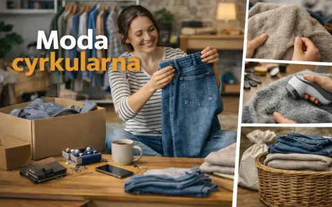 Kobieta z uśmiechem przegląda ubrania, pokazując, że moda cyrkularna to nowy trend. Widać też odświeżanie swetrów i kosz z ubraniami.