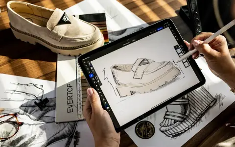Projektantka szkicuje buty Filippo, firmy znanej z modnego obuwia. Na stole leży gotowy model i szkice.