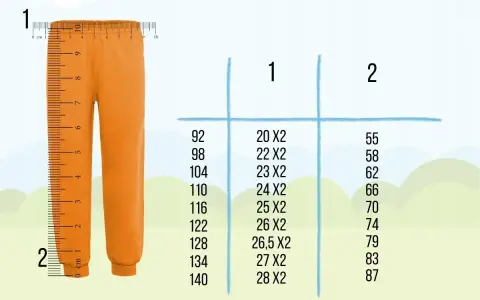 Pomarańczowe spodnie obok miarki. Tabela rozmiarów: 164 jaki to rozmiar? Kolumna 1: 92-140, Kolumna 2: 20-28x2, Kolumna 3: 55-87.