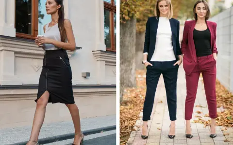 Eleganckie stylizacje dla kobiet: jak się ubrać na imprezę firmową. Spódnica ołówkowa i garnitury w ciemnych kolorach.
