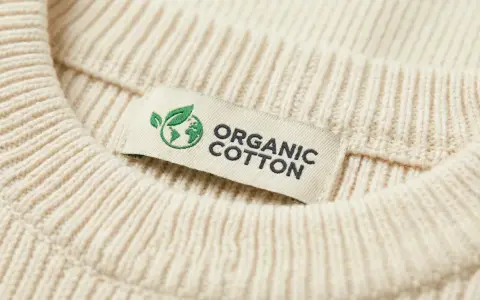 Metka z napisem "ORGANIC COTTON" na kremowym swetrze z prążkowanej dzianiny. To świadczy o tym, że cotton to materiał ekologiczny.