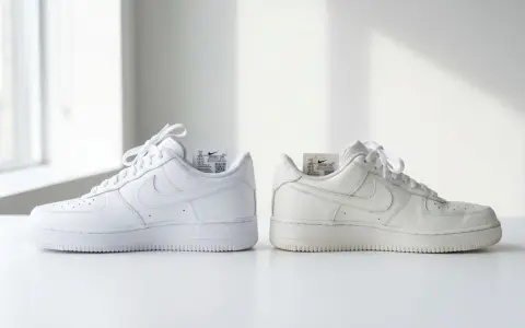 Dwa białe buty Nike Air Force 1, jeden świeży, drugi lekko przybrudzony. Czy 50 style ma oryginalne buty? Metki z kodami sugerują autentyczność.