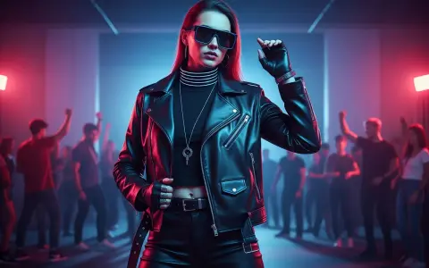 Skórzana ramoneska, okulary i rękawiczki to idealny outfit, jak się ubrać na imprezę techno. Tłum na tle neonów.