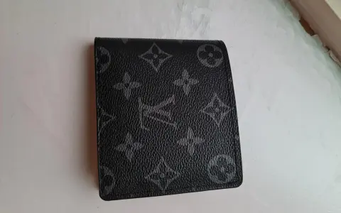 Czarny portfel Louis Vuitton z monogramem na jasnym tle.
