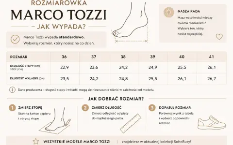 Tabela rozmiarów Marco Tozzi: 25,5 cm to rozmiar 40 damski. Sprawdź długość stopy i wkładki.