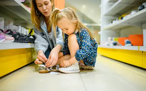 Mama pomaga córce dobrać rozmiar buta dziecka a wiek, mierząc sandałki w sklepie obuwniczym.